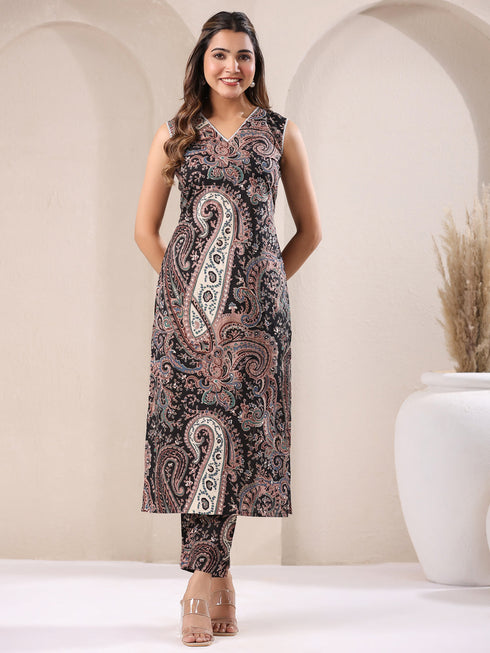 Black Pure Cotton Paisley Printed Straight Kurta Pant Set